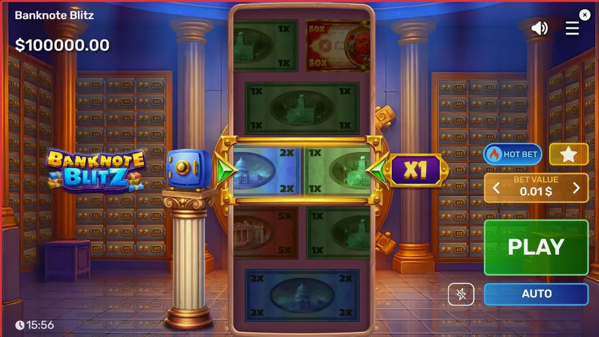 Interface luxuosa do slot Banknote Blitz com moldura dourada e notas de dinheiro