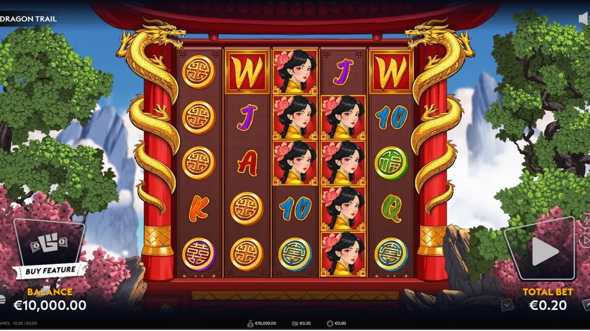 Interface do jogo de slot Dragon Trail com dragões dourados e pagodes