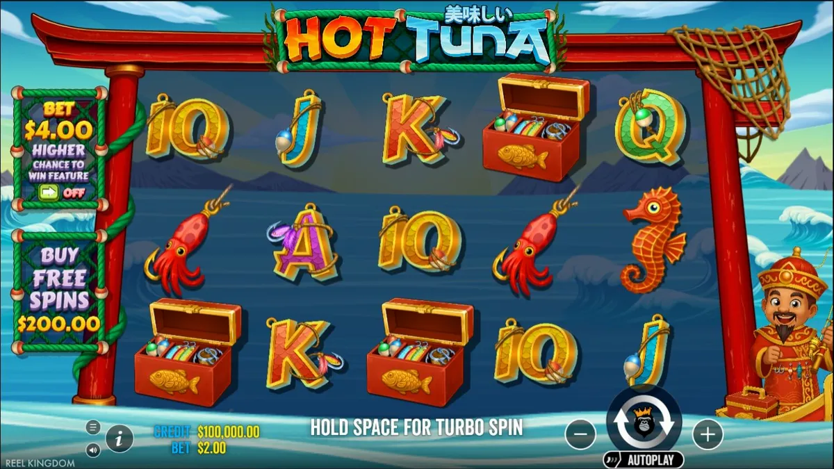 Interface do jogo Hot Tuna com pescador e temática asiática