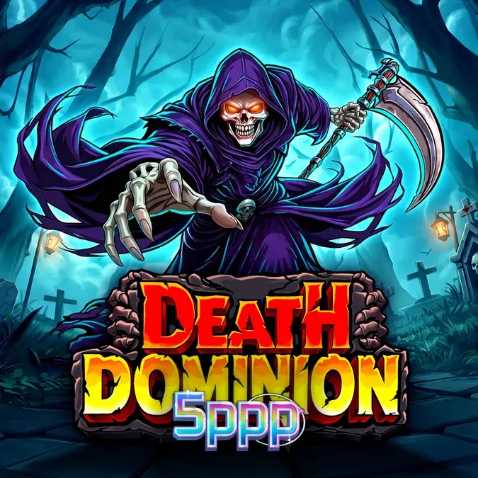 Cenário gótico e sombrio do slot Death Dominion com o Grim Reaper ao fundo